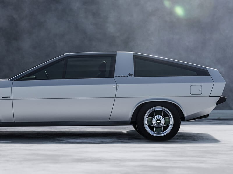 Side profile of a vintage silver Hyundai Pony Coupe concept car